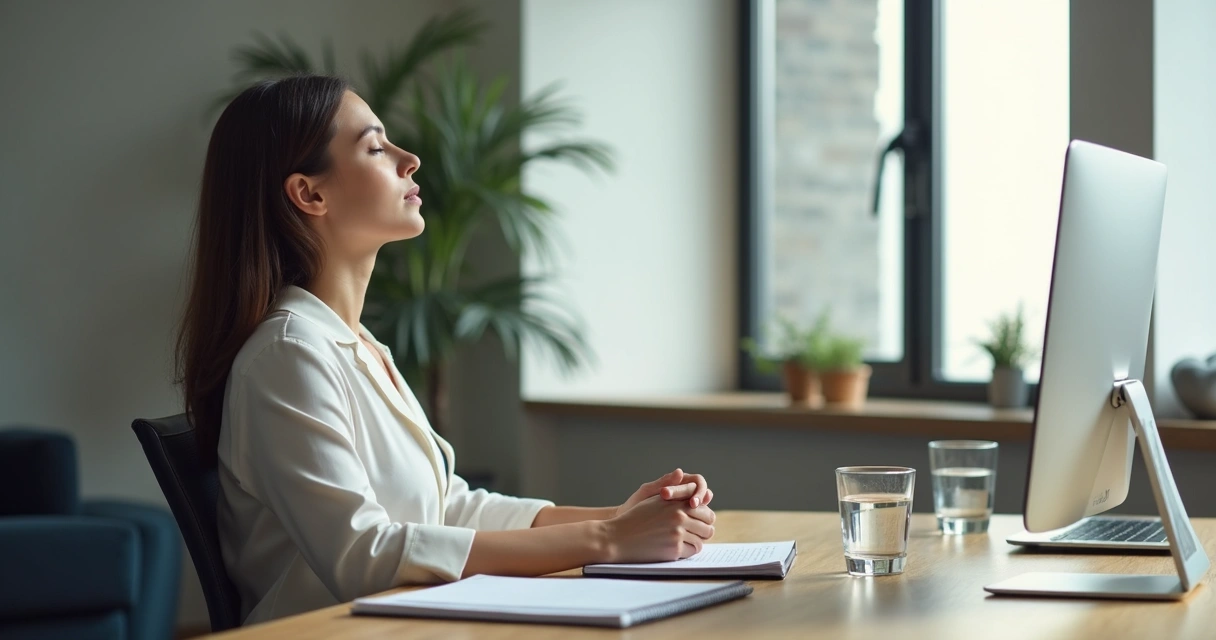 Pessoa em pausa silenciosa respirando em uma mesa de trabalho
