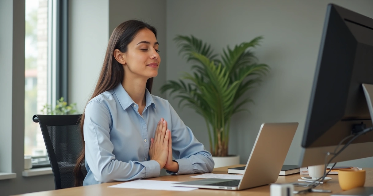 Pessoa fazendo pausa respiratória discreta em mesa de trabalho 