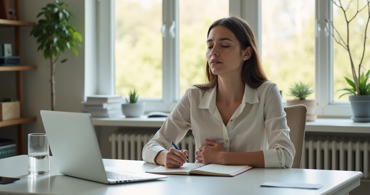 Pessoa fazendo pausa e respirando diante de uma mesa de trabalho 