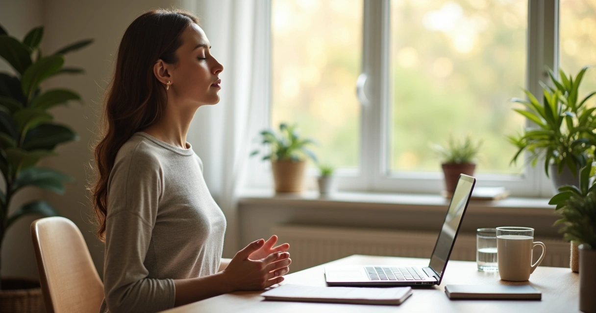 Pessoa em pausa de respiração diante de mesa de trabalho 