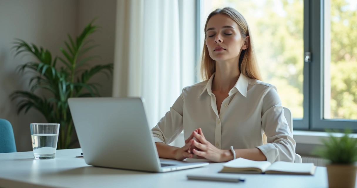 Pessoa fazendo pausa respiratória na mesa de trabalho