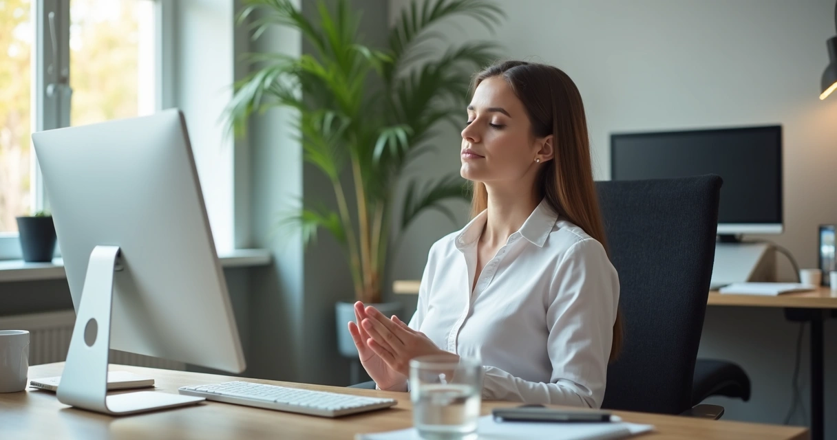 Pessoa fazendo pausa de respiração na mesa de trabalho