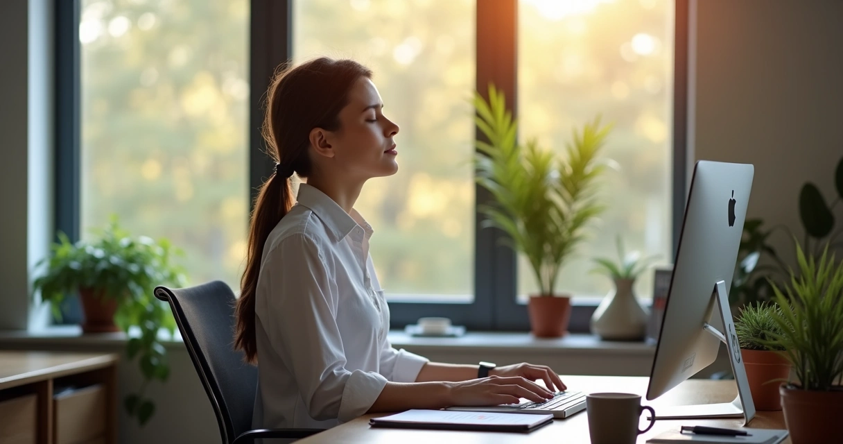 Profissional fazendo pausa de respiração na mesa de trabalho