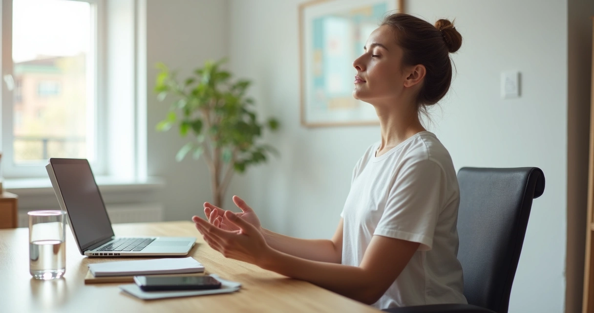 Pausa de respiração consciente em mesa de trabalho