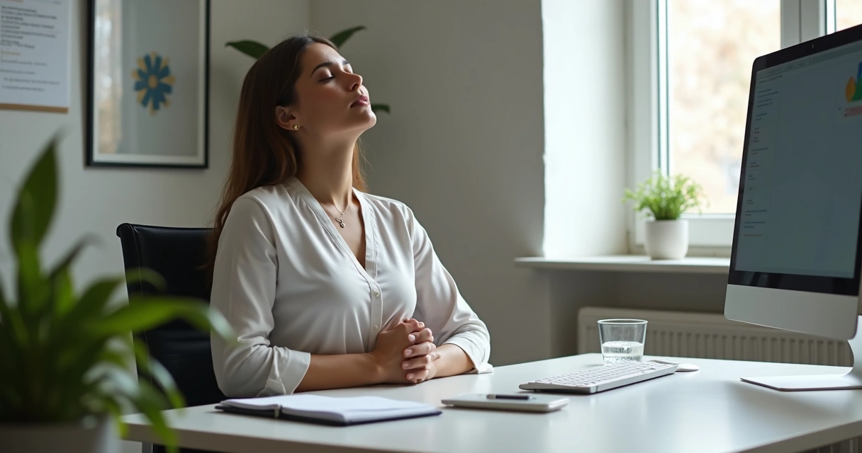 Pessoa respirando fundo em mesa de escritório 
