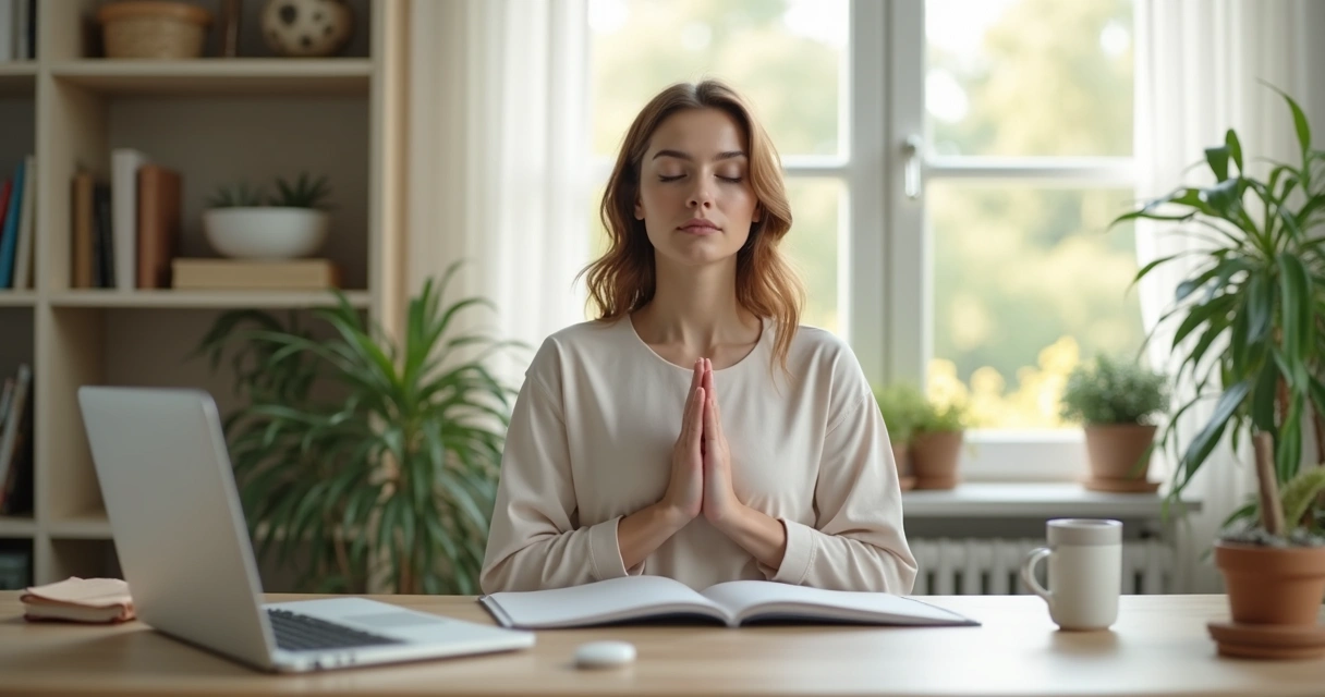 Pessoa fazendo pausa de respiração em mesa de trabalho 