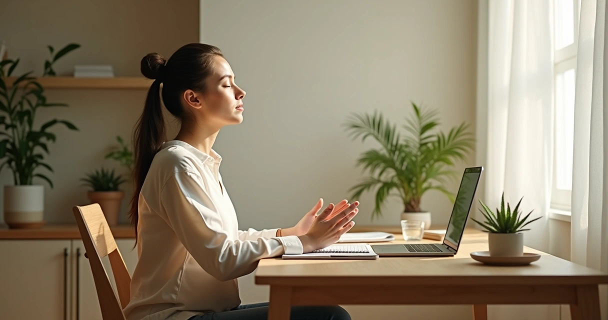 Pessoa fazendo pausa de respiração na mesa de trabalho