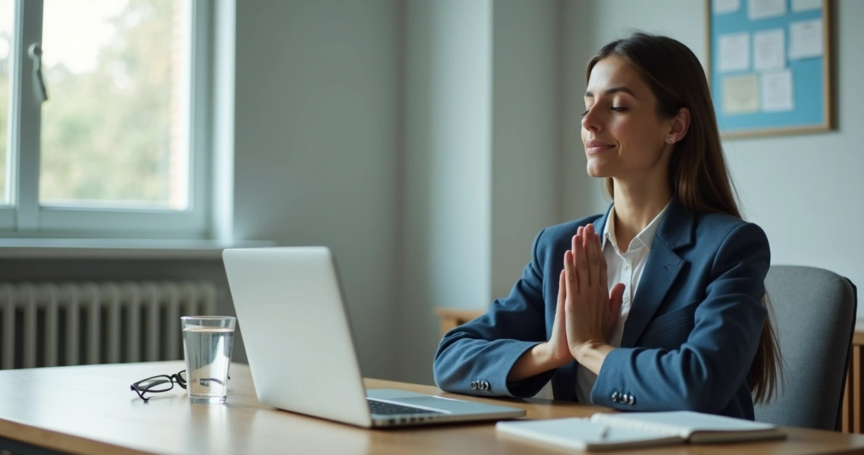 Pessoa em pausa silenciosa diante da mesa de trabalho