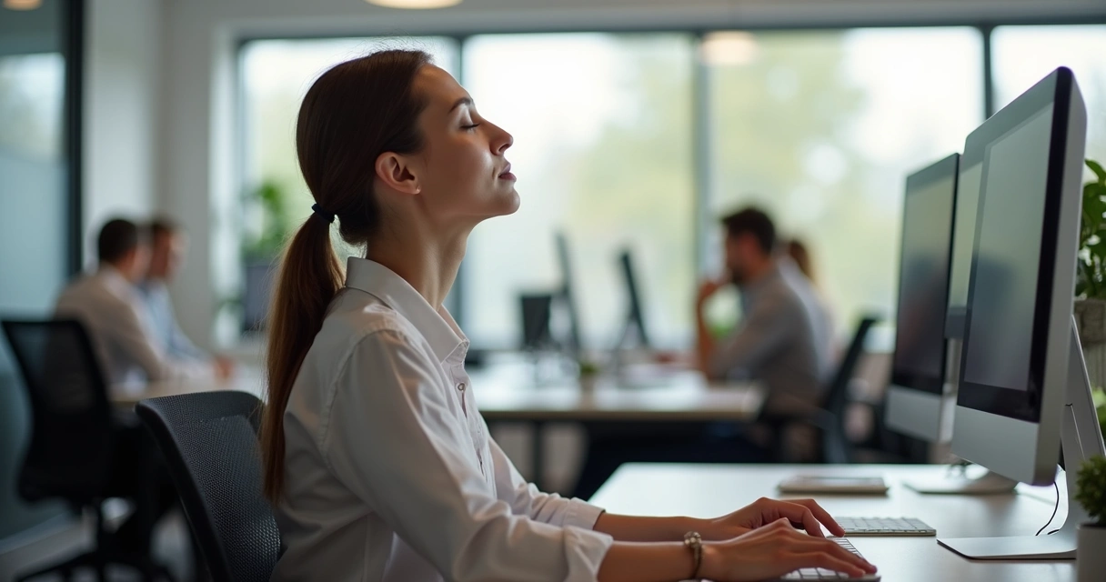 Pessoa fazendo pausa de respiração em ambiente de trabalho aberto 