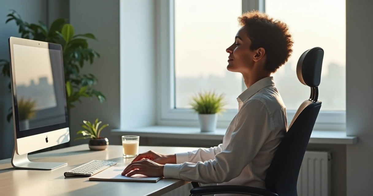 Pessoa em pausa respirando diante de mesa de trabalho 