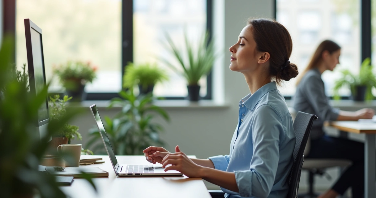 Profissional fazendo pausa de respiração no escritório