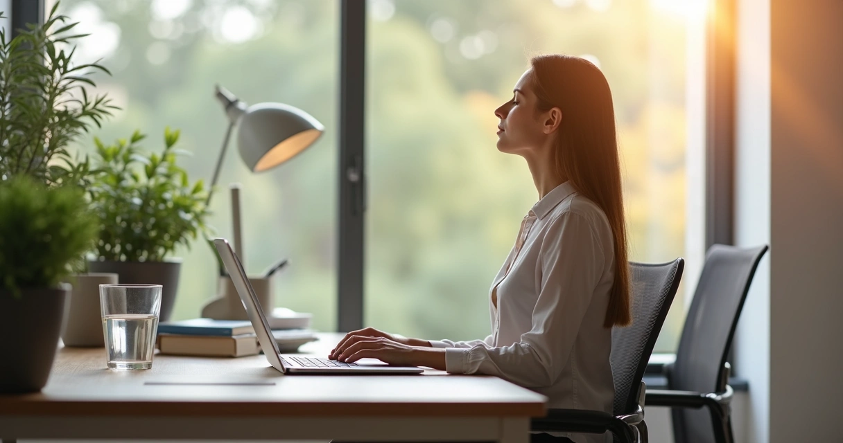Pessoa fazendo pausa de respiração na mesa de trabalho