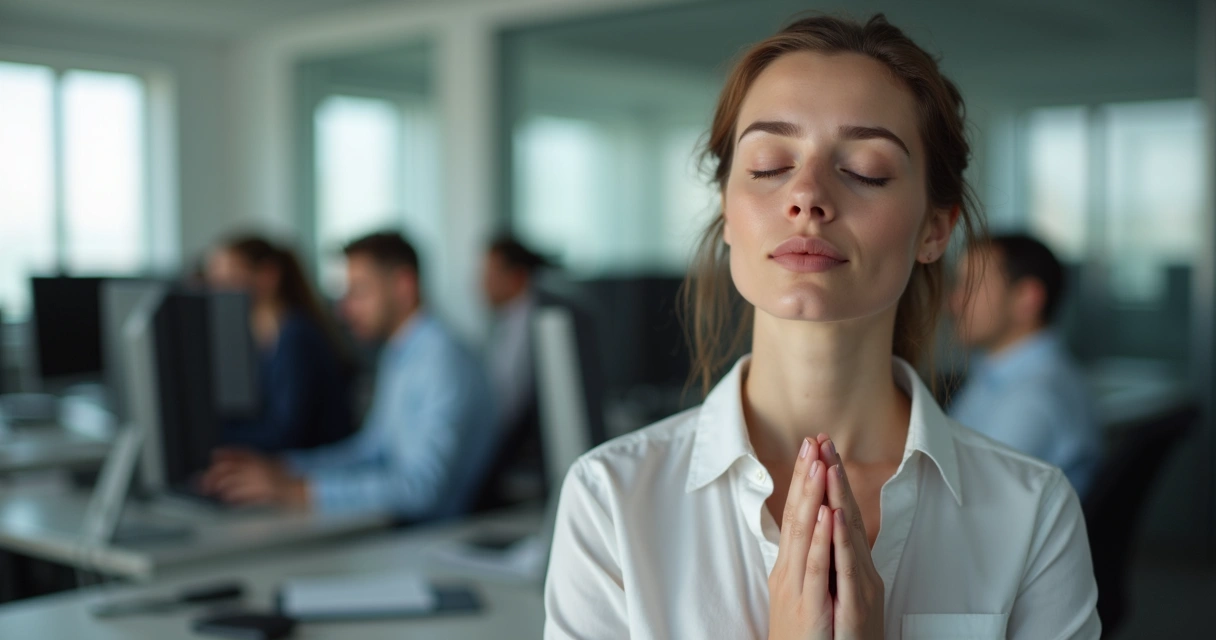 Pessoa faz pausa para respirar em escritório, apoiada em mesa de trabalho 