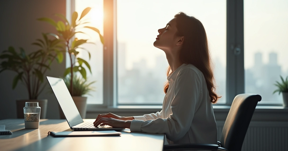 Pessoa em pausa de respiração na mesa de trabalho