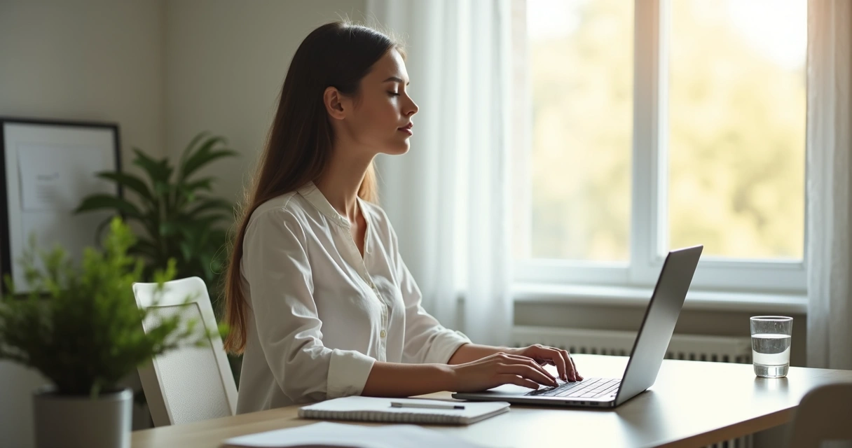 Pessoa fazendo pausa de respiração em mesa de trabalho 