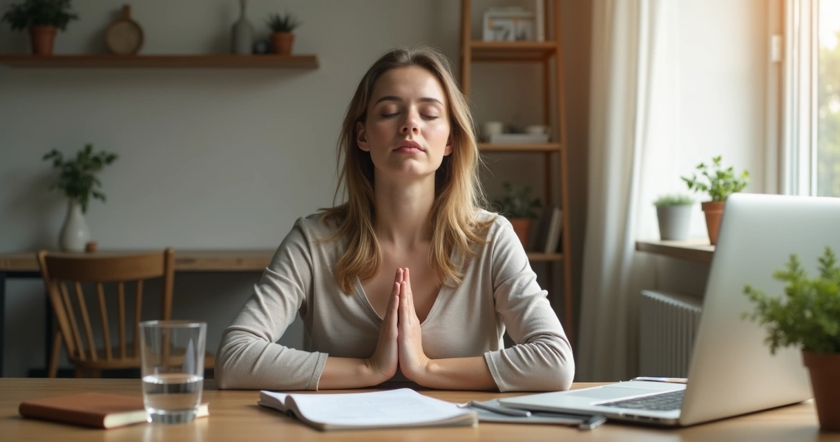 Pessoa sentada à mesa fazendo pausa de respiração no home office