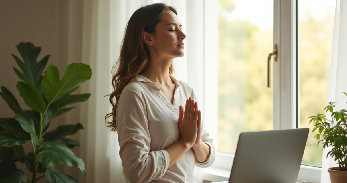 Pessoa fazendo pausa de respiração no home office 