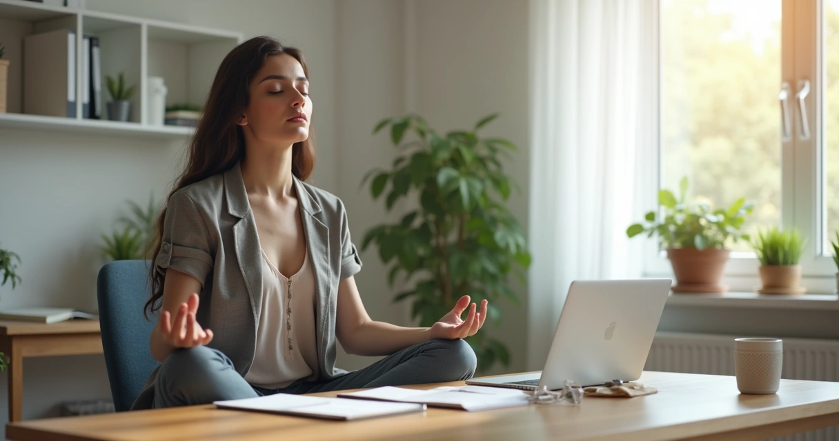Pessoa fazendo pausa de respiração na mesa de trabalho 