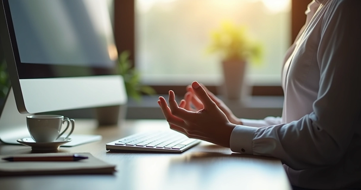 Pessoa fazendo pausa de respiração na mesa de trabalho