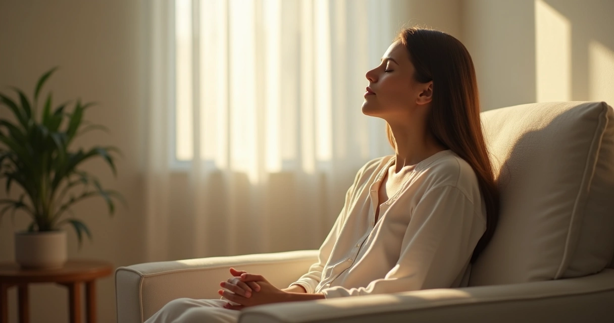 Pessoa sentada de olhos fechados fazendo pausa de respiração consciente 