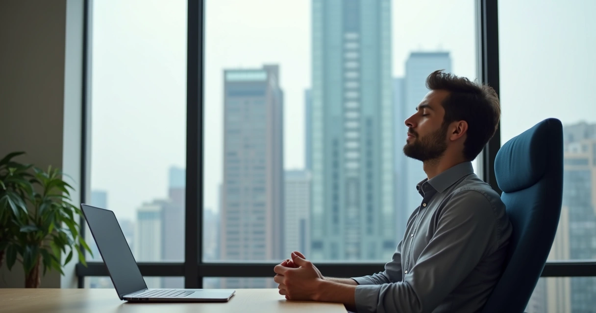 Pessoa fazendo pausa para respirar em escritório com janela ao fundo 