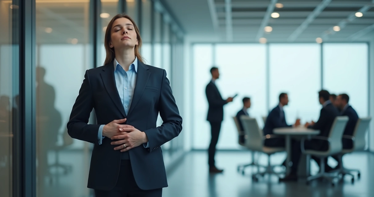 Profissional fazendo pausa respiratória antes de reunião