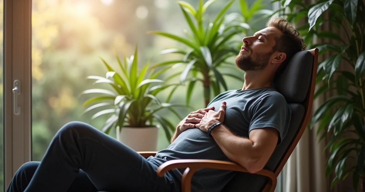 Pessoa sentada em cadeira relaxada, olhos fechados, mãos no abdômen, tomando consciência da respiração 