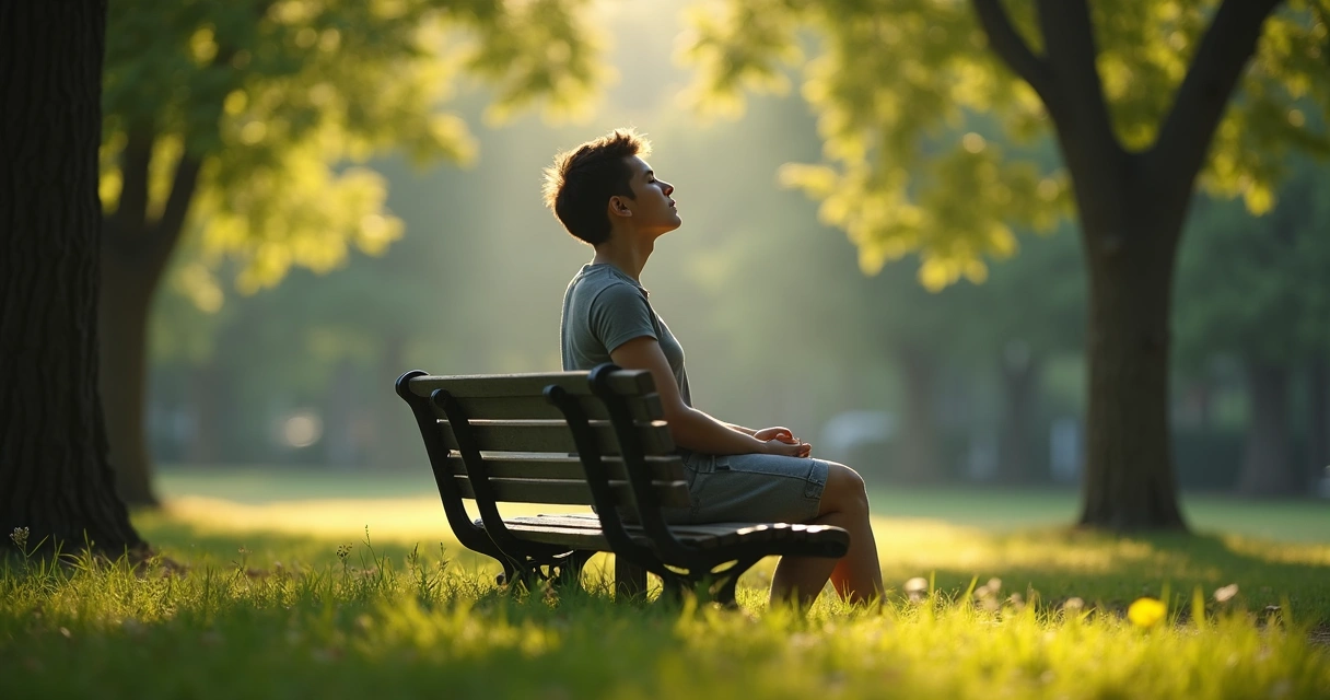 Pessoa sentada em um banco, olhos fechados, respirando fundo em um parque silencioso 