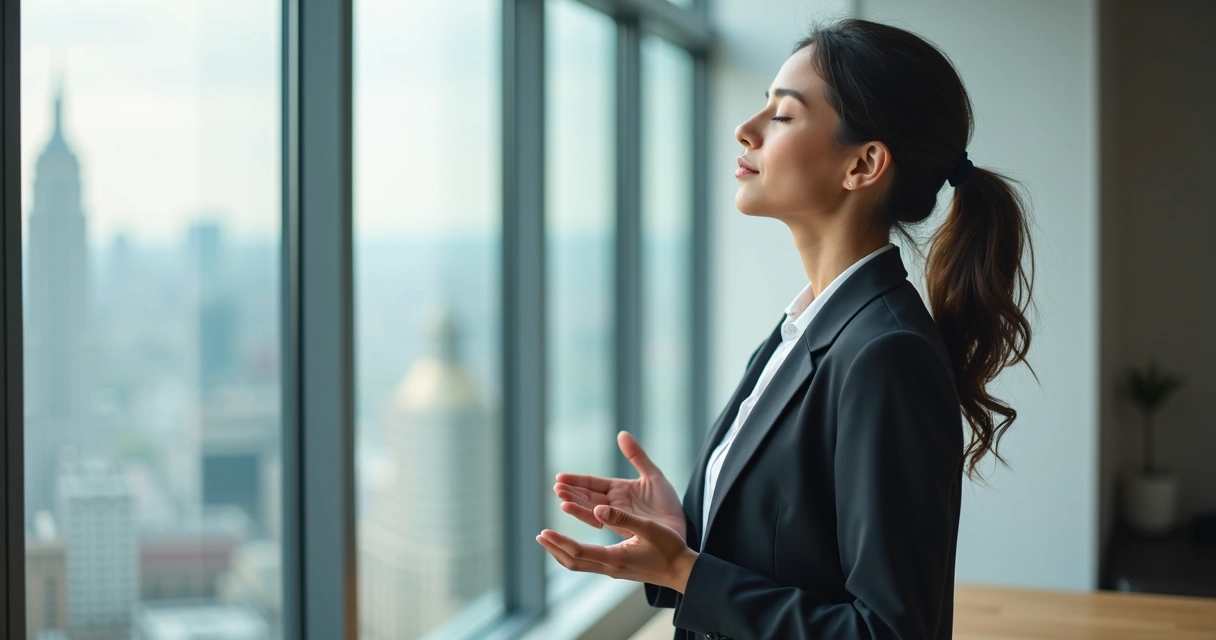 Profissional junto à janela, olhos fechados, fazendo pausa para respirar 