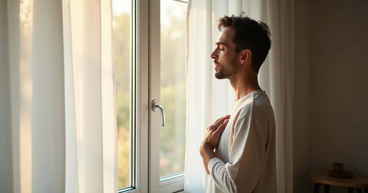 Pessoa em pausa de respiração com leve sorriso perto da janela
