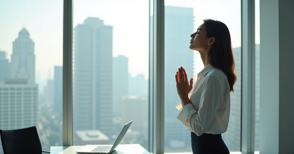 Pessoa respirando fundo perto da janela durante pausa no trabalho 