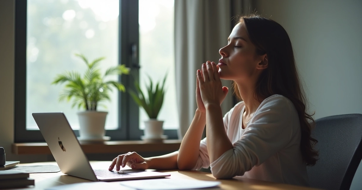 Pessoa fechando os olhos e respirando fundo na mesa de trabalho 
