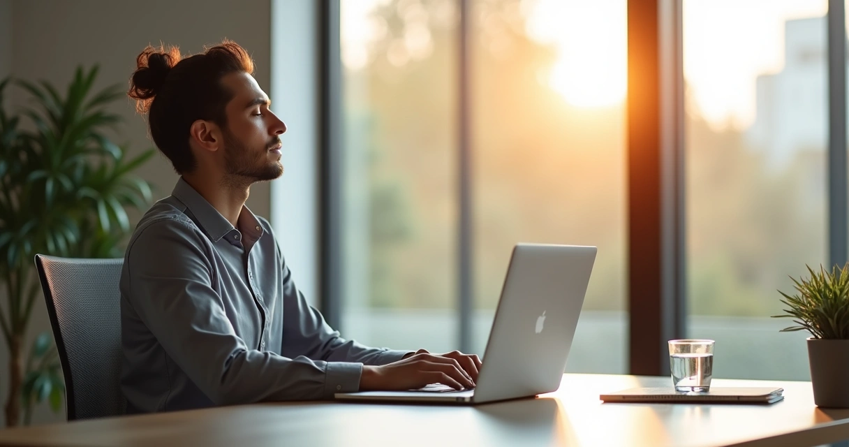 Profissional fazendo pausa de respiração em ambiente de trabalho