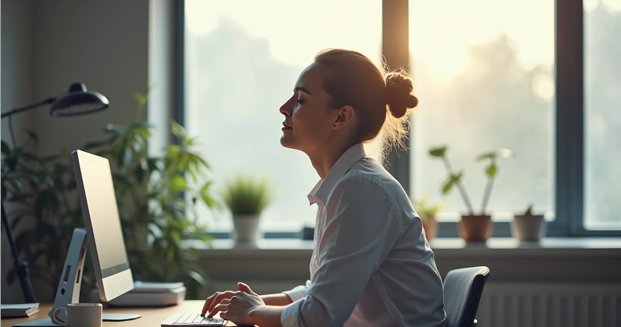 Pessoa respirando fundo no escritório, olhos fechados e relaxamento visível. 