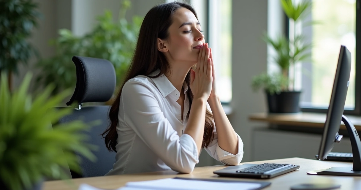 Pessoa em ambiente de trabalho sentado à mesa, fazendo pausa para respirar profundamente 