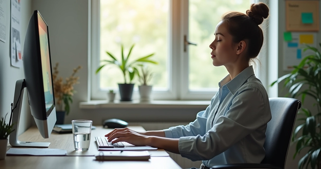 Pessoa fazendo pausa respiratória à mesa de trabalho 
