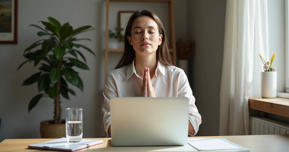 Pessoa em pausa de respiração sentada diante de mesa de trabalho 