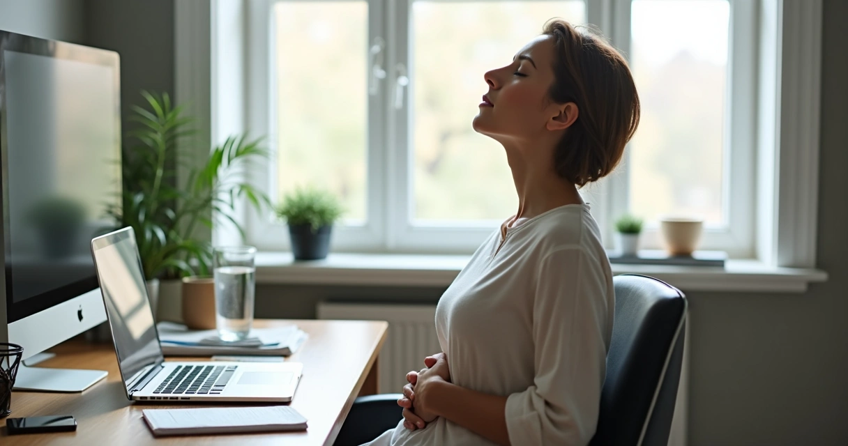 Pessoa fazendo pausa respiratória na mesa de trabalho