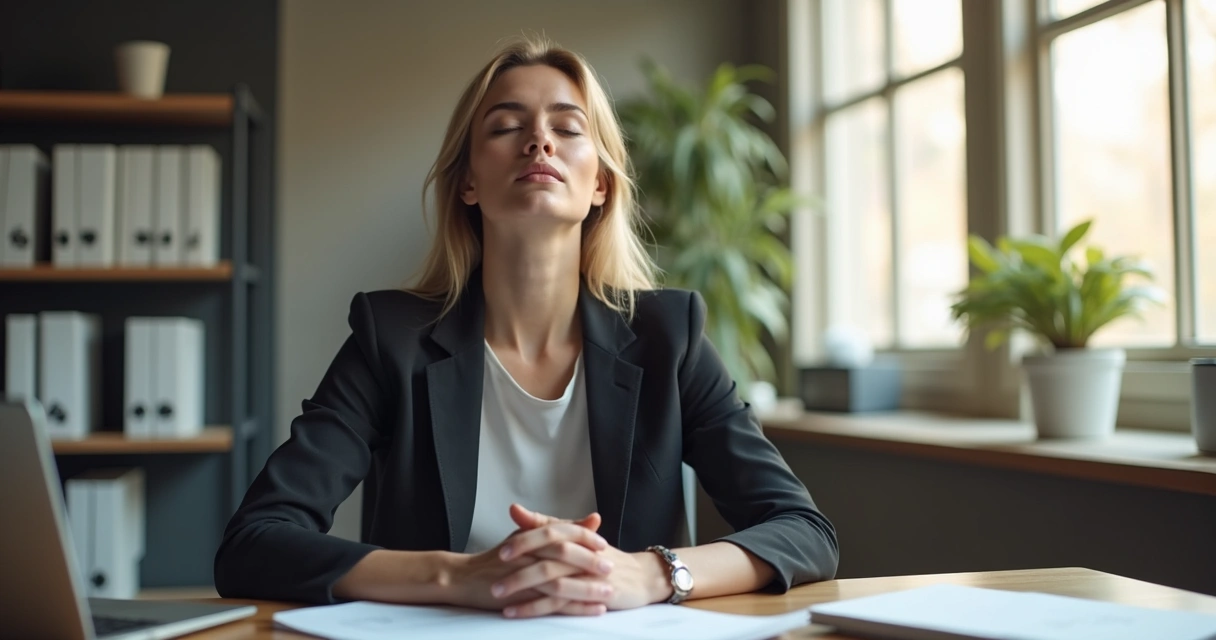 Pessoa fechando os olhos e respirando fundo em ambiente de trabalho 
