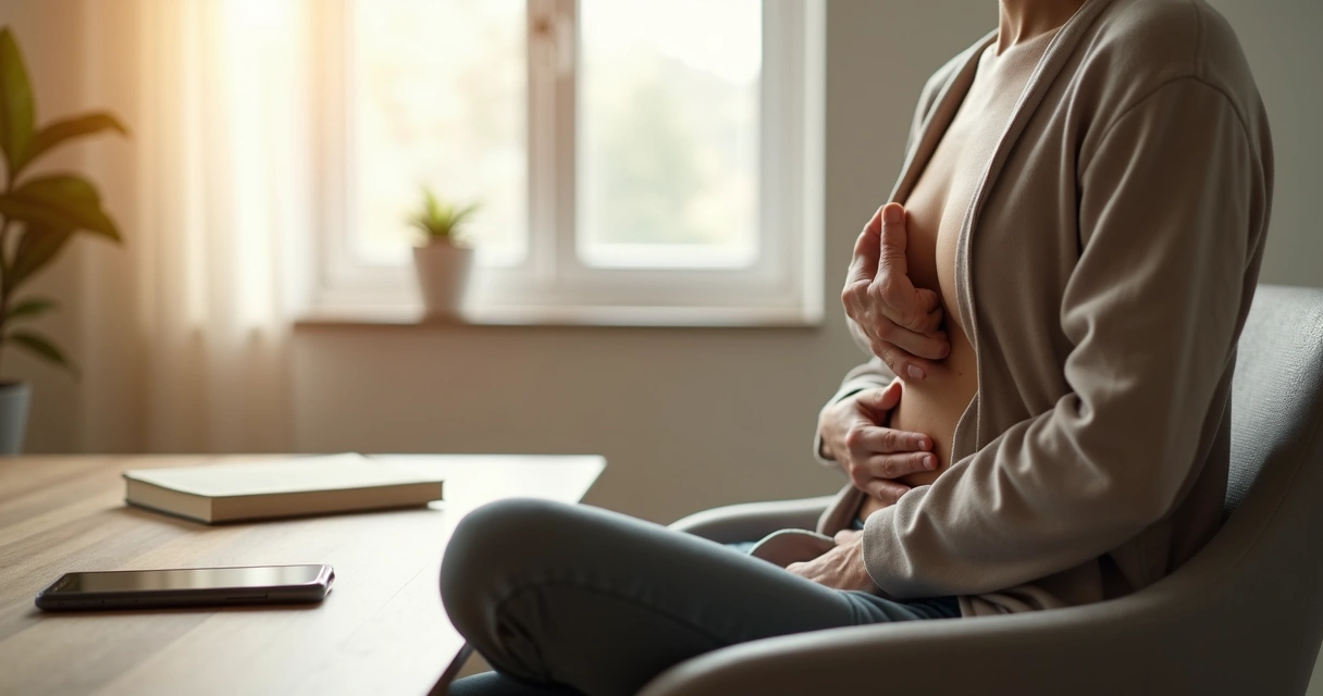 Manos sobre el pecho durante una pausa de respiración consciente