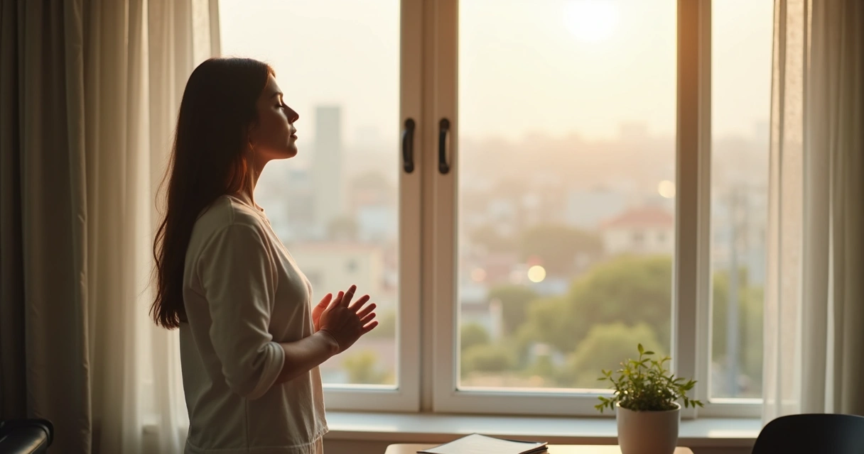Persona haciendo una pausa consciente junto a una ventana 