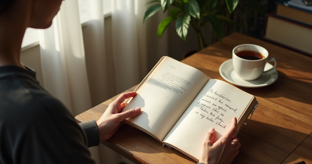 Persona respirando frente a un cuaderno con luz suave 