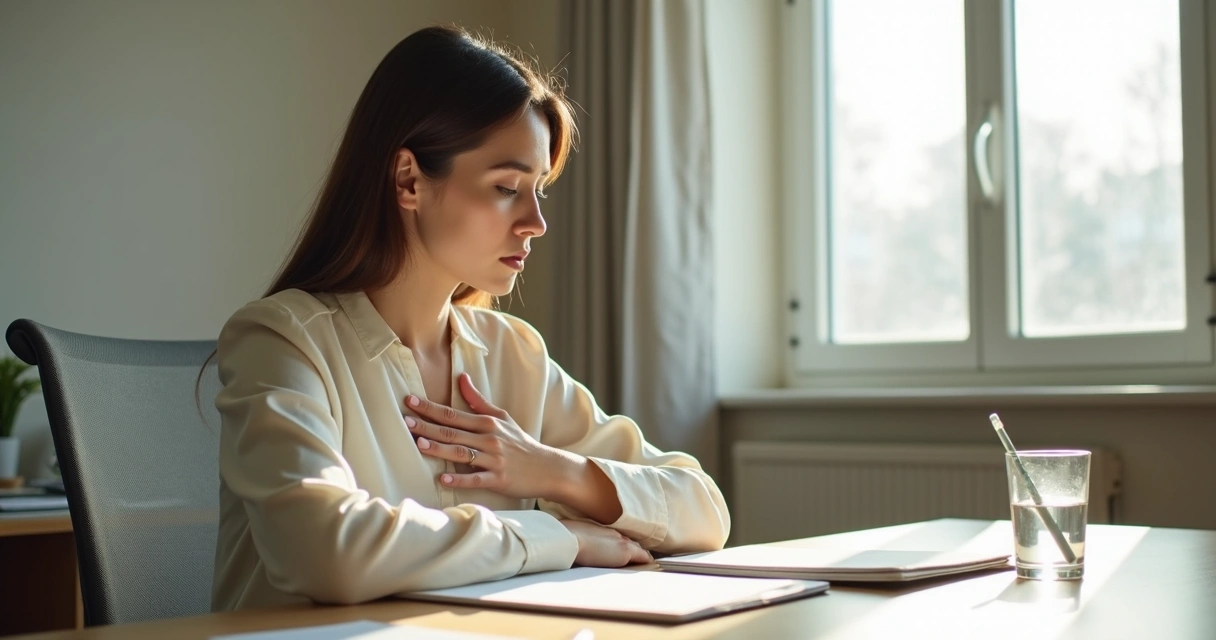 Persona respirando antes de decidir en una oficina tranquila 