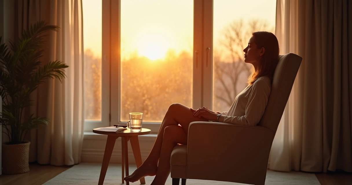 Persona sentada en silencio junto a una ventana al amanecer
