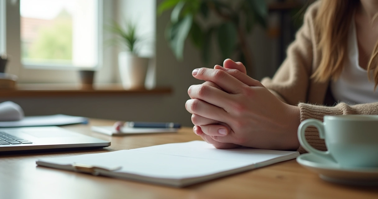 Persona haciendo una pausa consciente en un escritorio ordenado 