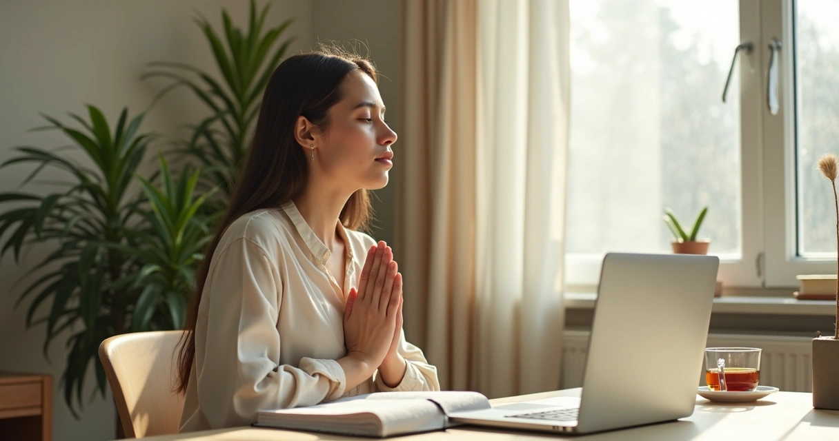 Persona haciendo una pausa consciente frente al escritorio 