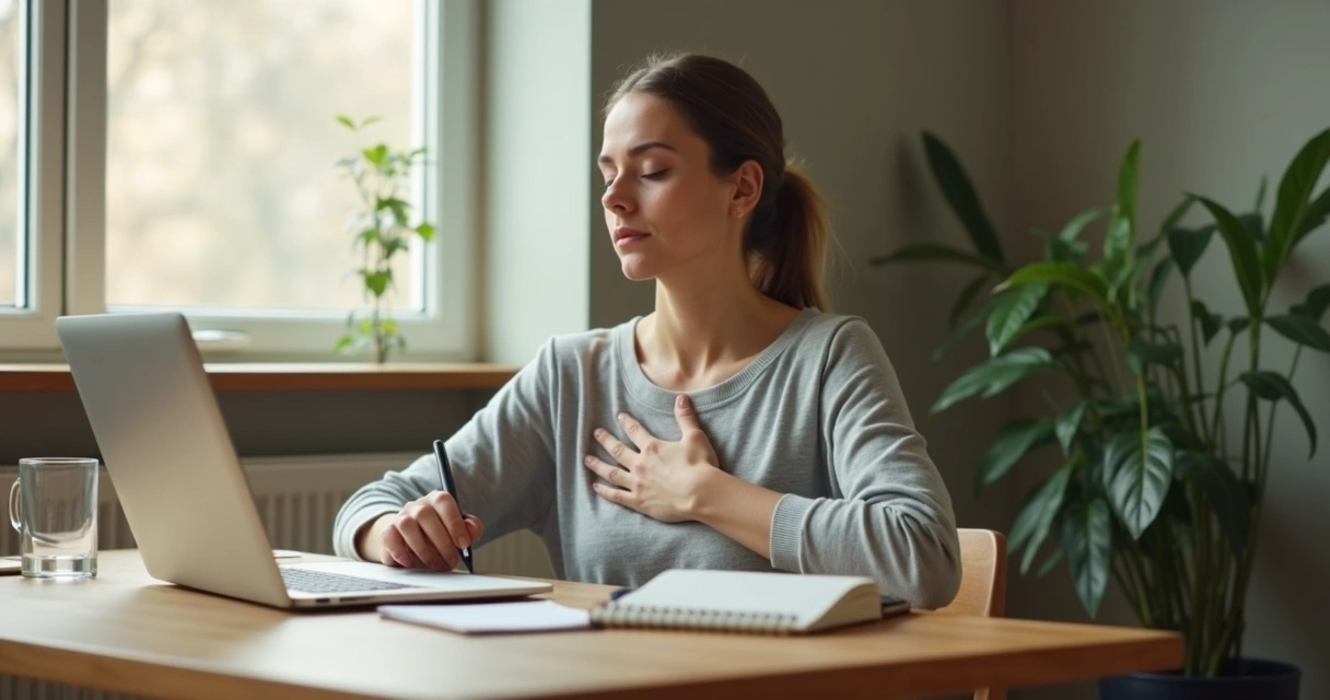 Persona haciendo una pausa de respiración en un escritorio ordenado 