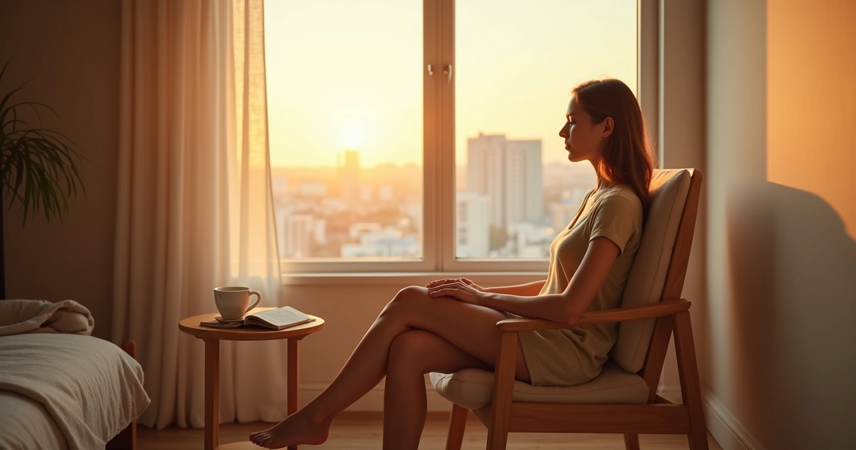Persona sentada en silencio junto a una ventana al amanecer