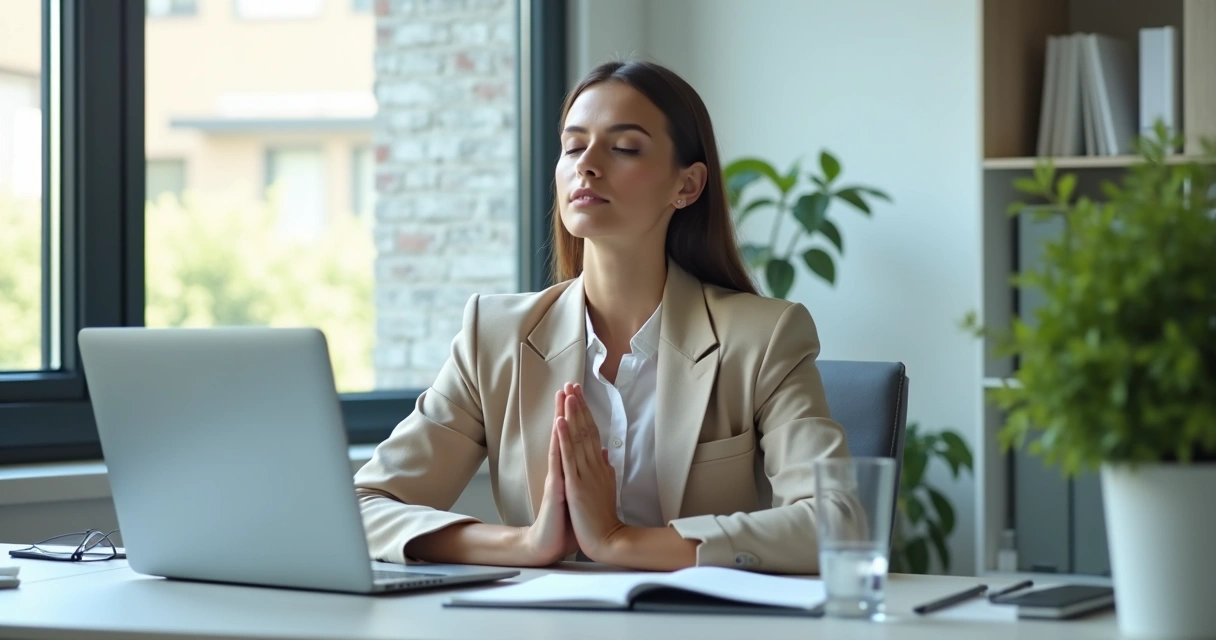 Persona haciendo una pausa de respiración en su escritorio de oficina