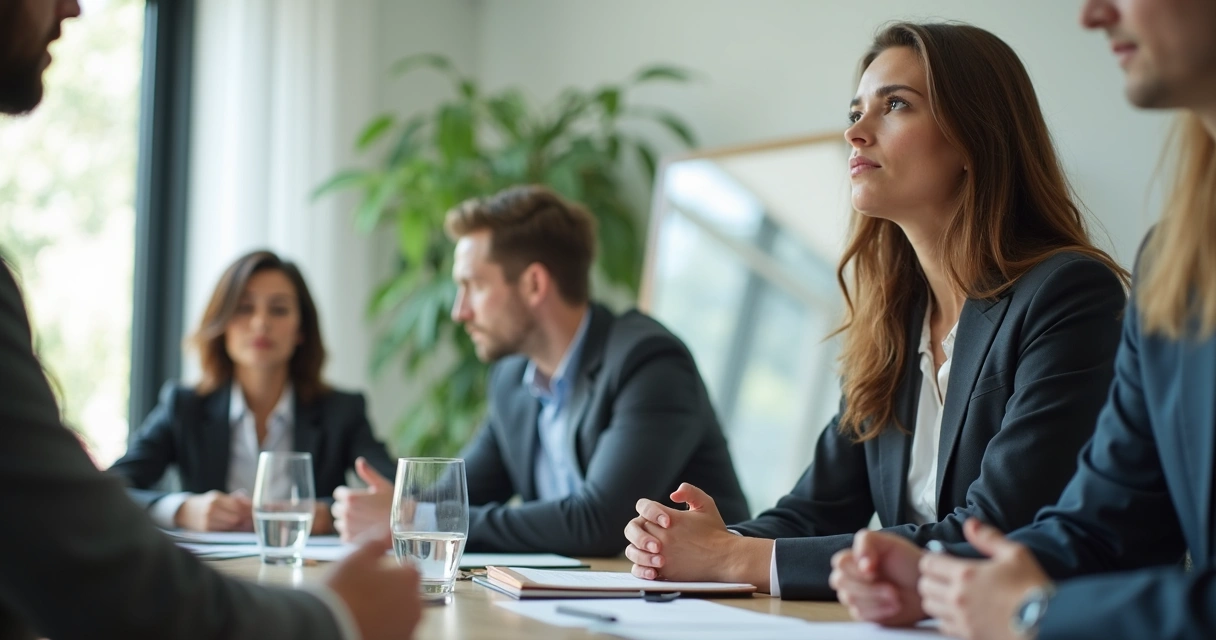 Persona respirando antes de responder en una reunión tensa